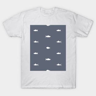 Blue white fish hand drawn silhouette pattern T-Shirt